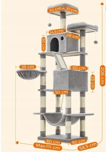 drapak dla kota 206 cm XXL feandrea
duży drapak dla kota z hamakiem
stabilny drapak dla dużego kota
drapak dla wielu kotów platformy