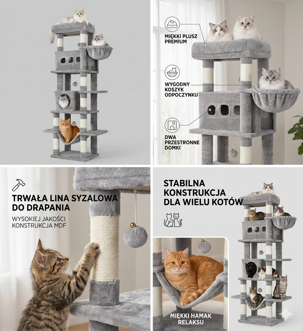 Luksusowy Drapak Wieża dla Kota – Wysokość 170 cm, Wielopoziomowy SklepDlaKotka