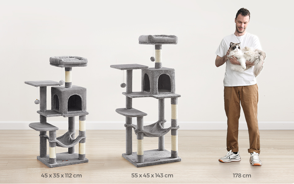 Stabilny Drapak dla Kota 112 cm z Hamakiem i Domkiem – Szary SklepDlaKotka